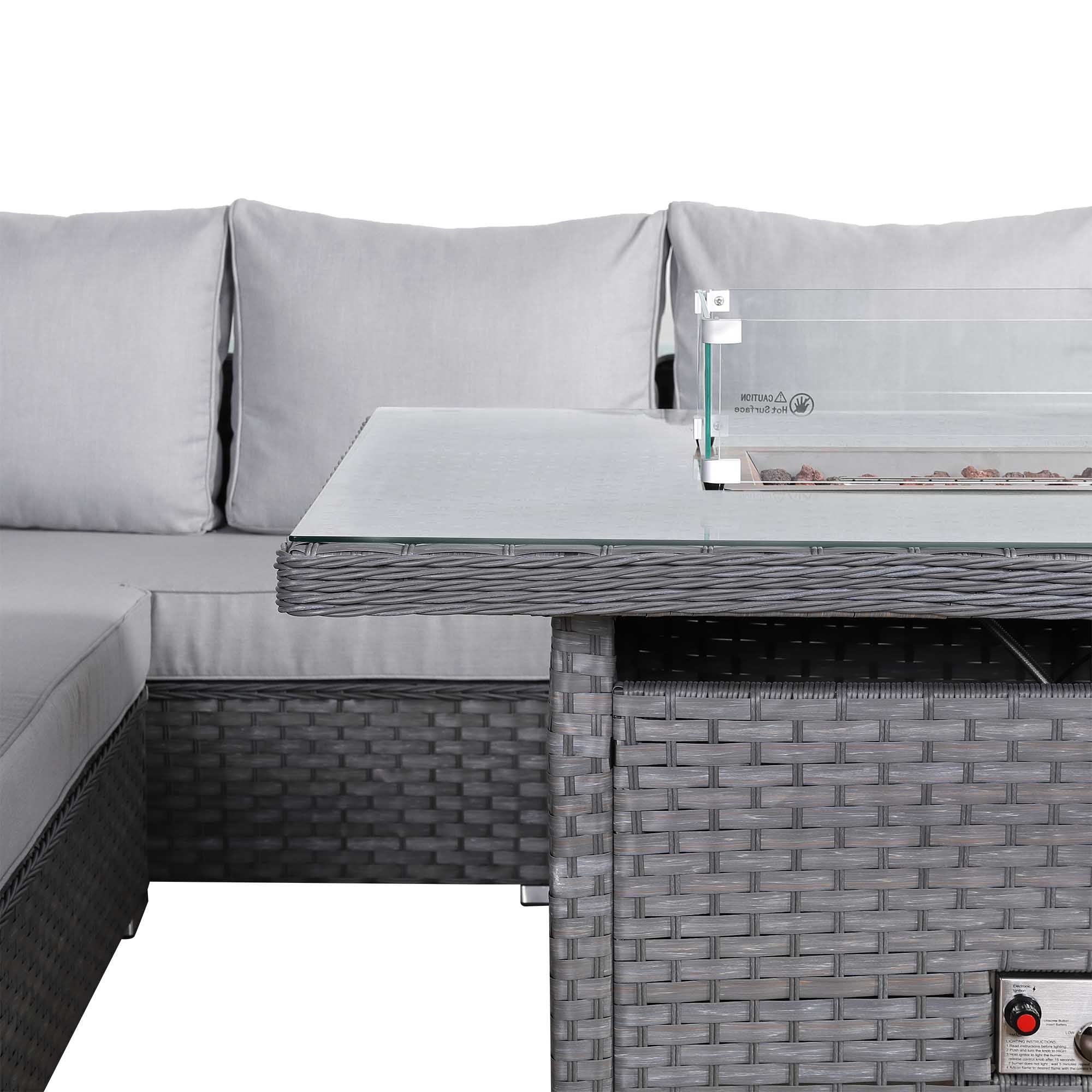 Catalina Range Modular Corner Sofa Set with Fire Pit Table in Large Grey Rattan