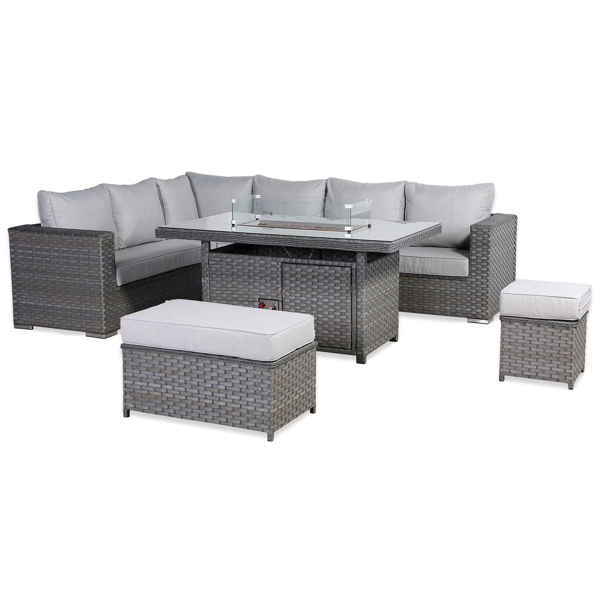 Catalina Range Modular Corner Sofa Set with Fire Pit Table in Large Grey Rattan
