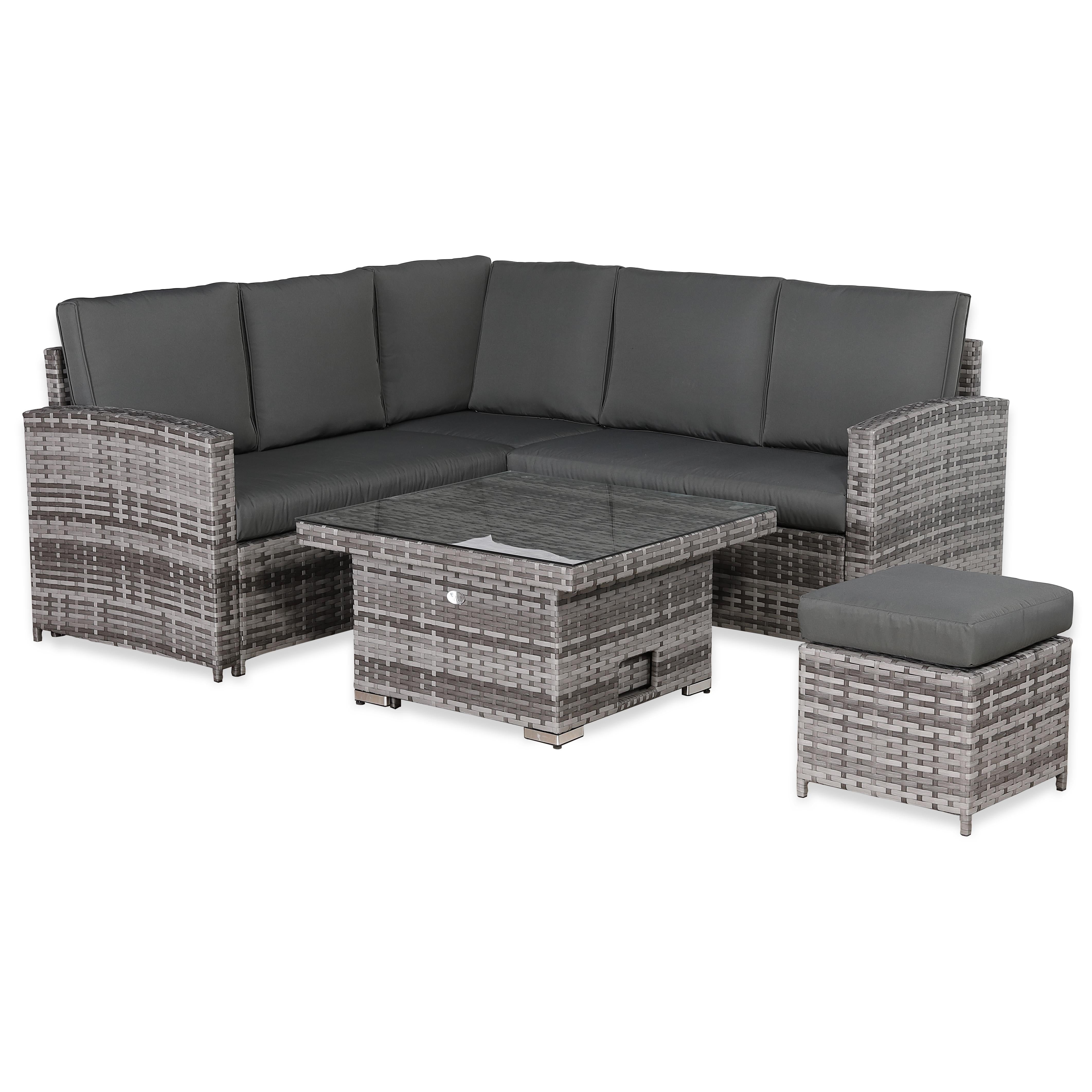 IN STOCK |Florida Elite Outdoor 6-Seater High Back Rattan Corner Sofa Set | Rising Dining Table, Footstool & Grey Cushions