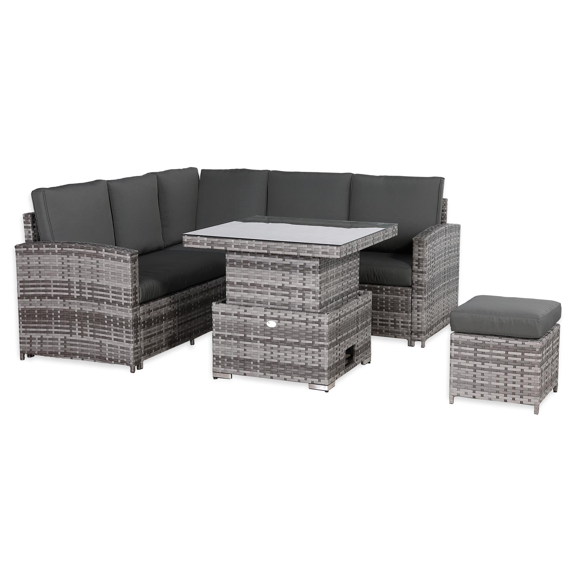 IN STOCK |Florida Elite Outdoor 6-Seater High Back Rattan Corner Sofa Set | Rising Dining Table, Footstool & Grey Cushions