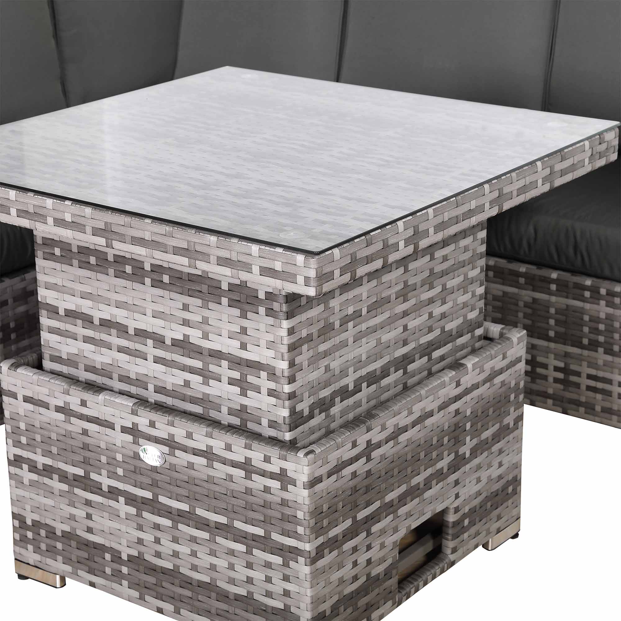 IN STOCK |Florida Elite Outdoor 6-Seater High Back Rattan Corner Sofa Set | Rising Dining Table, Footstool & Grey Cushions