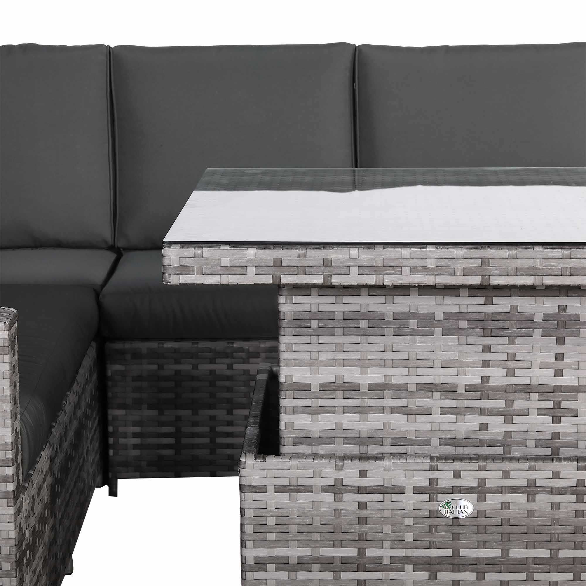 IN STOCK |Florida Elite Outdoor 6-Seater High Back Rattan Corner Sofa Set | Rising Dining Table, Footstool & Grey Cushions