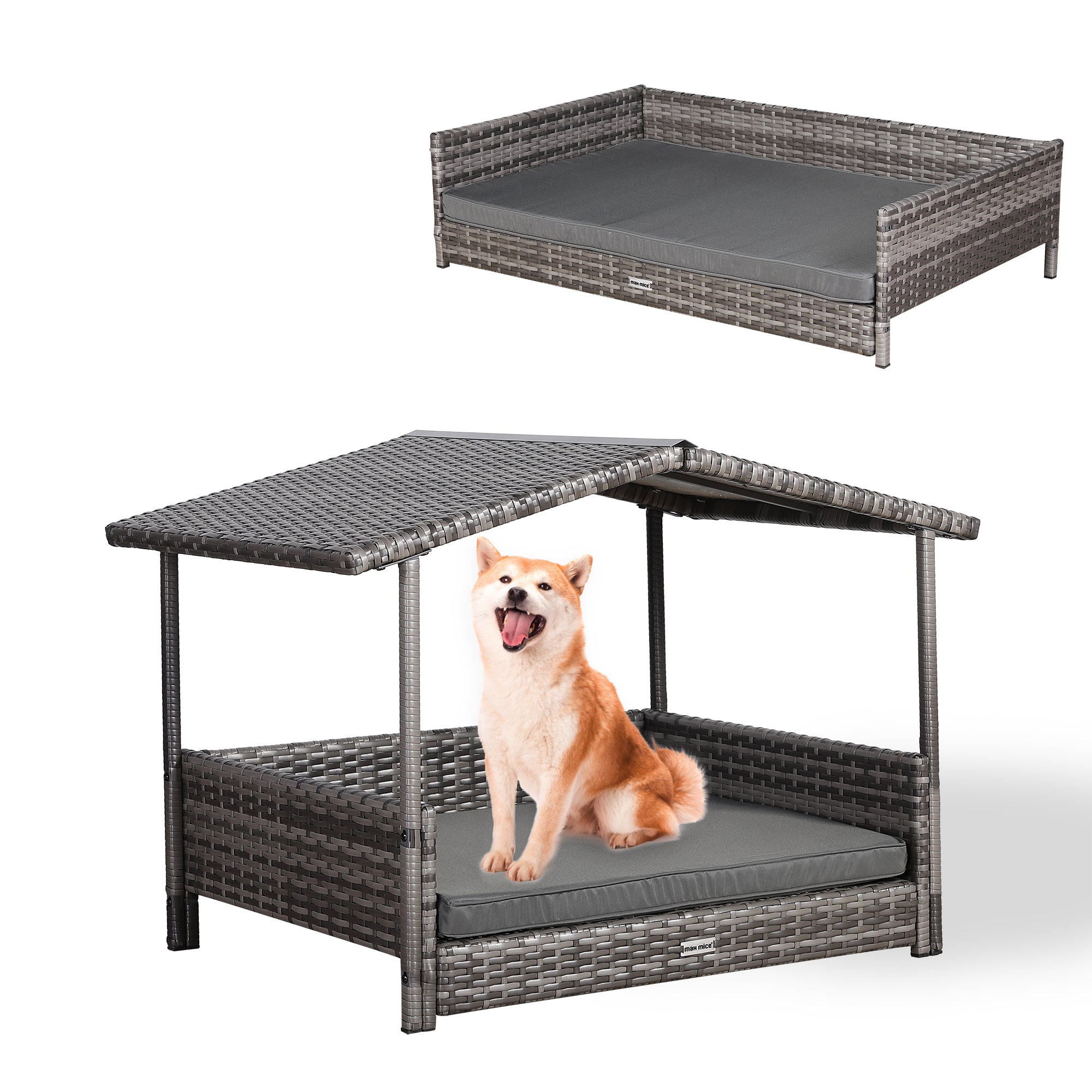 Nest Range - Wicker Raised Dog House | Rattan Dog Bed for Indoor/Outdoor with Removable Roof & Cushion (Grey) - Available in S, M, L