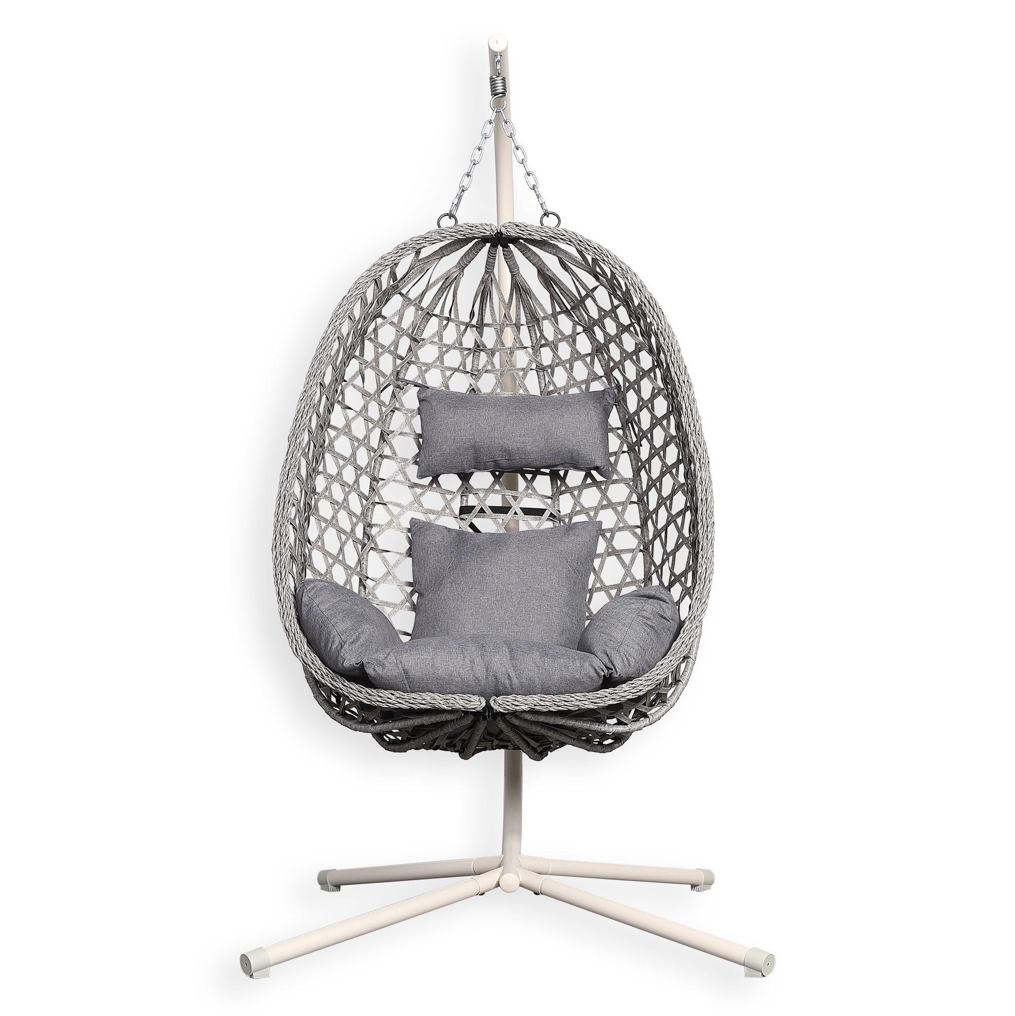 Nest Hanging Egg Swing Chair with Stand, Thick Showerproof Cushions, for Living Room,Balcony or Outdoor, Grey Weave & Beige Stand(RR-EC-01)