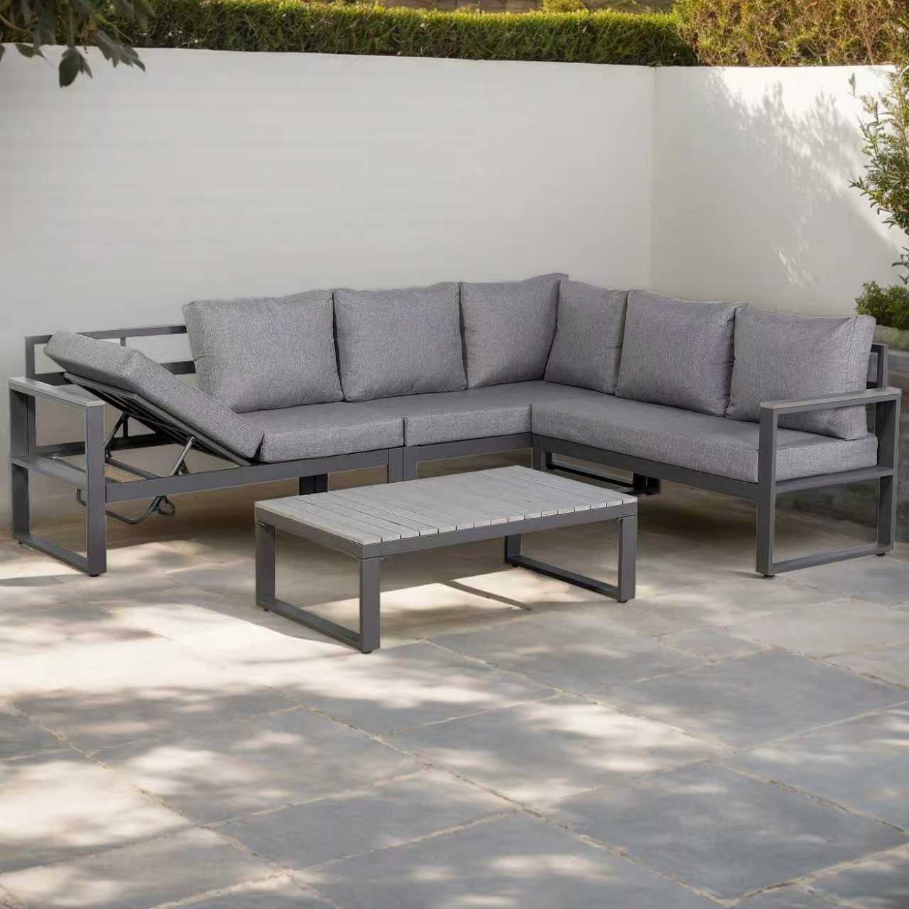 Dune Range RHF Corner Set Charcoal Aluminium Frame With Grey Cushions