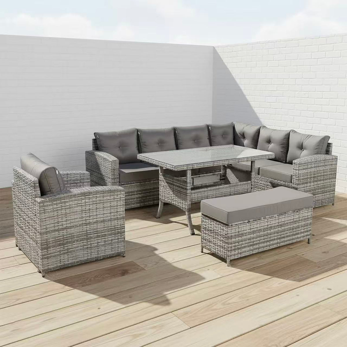 SALE | Henley Range Elite Rhf Corner Sofa Set with Dining Table and Arm Chair in Grey Rattan