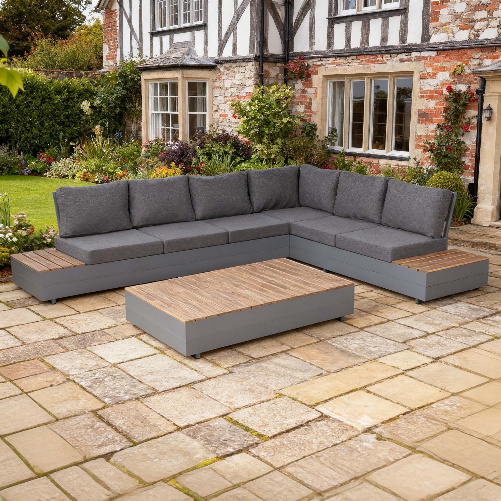 Titan Range Aluminium L-Shape Corner Sofa Set with Wood Top Coffee Table