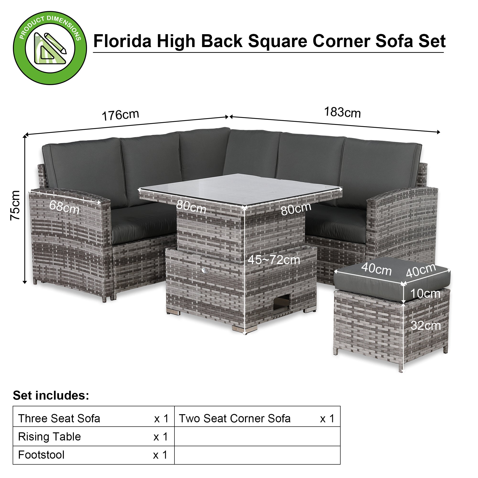 IN STOCK |Florida Elite Outdoor 6-Seater High Back Rattan Corner Sofa Set | Rising Dining Table, Footstool & Grey Cushions