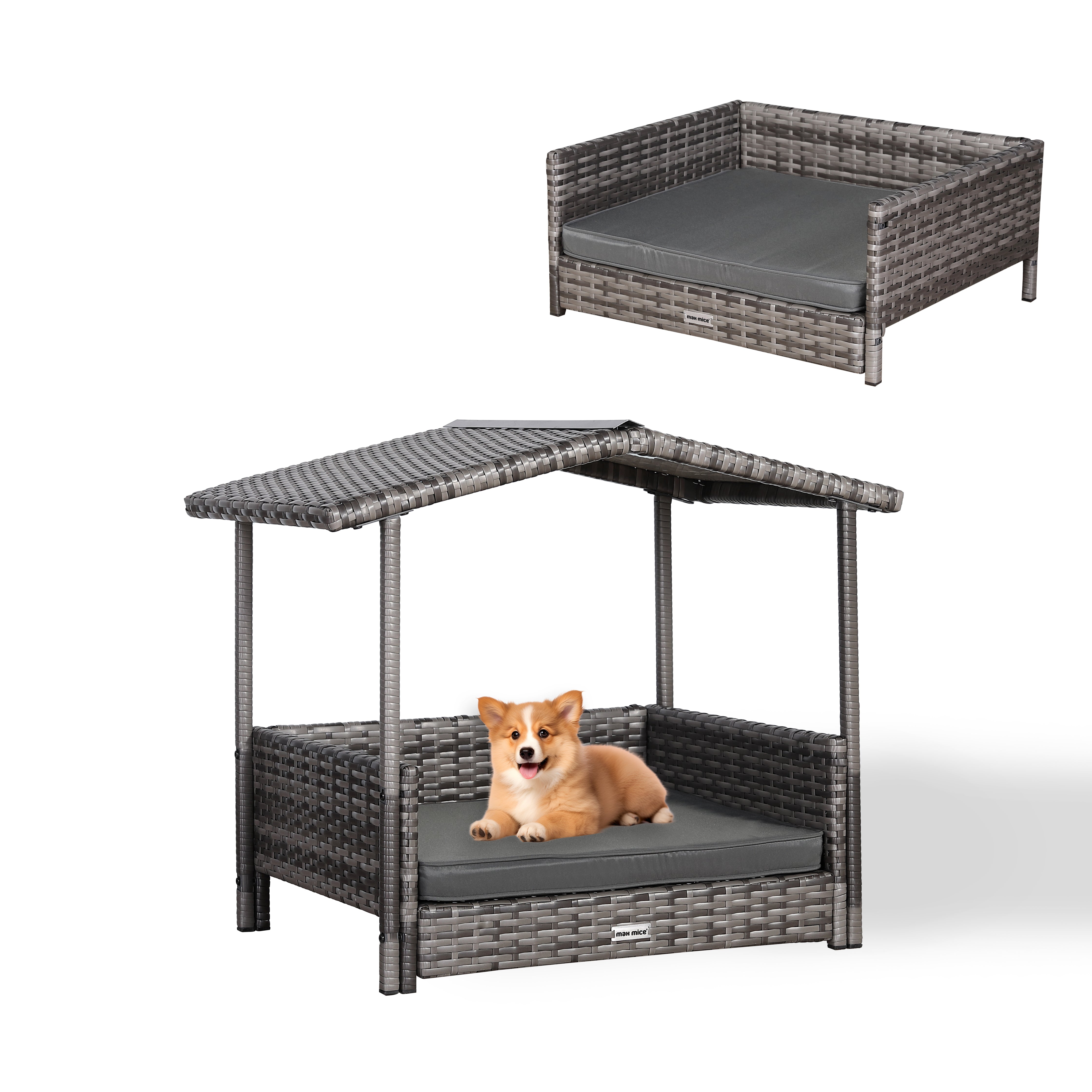 Nest Range - Wicker Raised Dog House | Rattan Dog Bed for Indoor/Outdoor with Removable Roof & Cushion (Grey) - Available in S, M, L