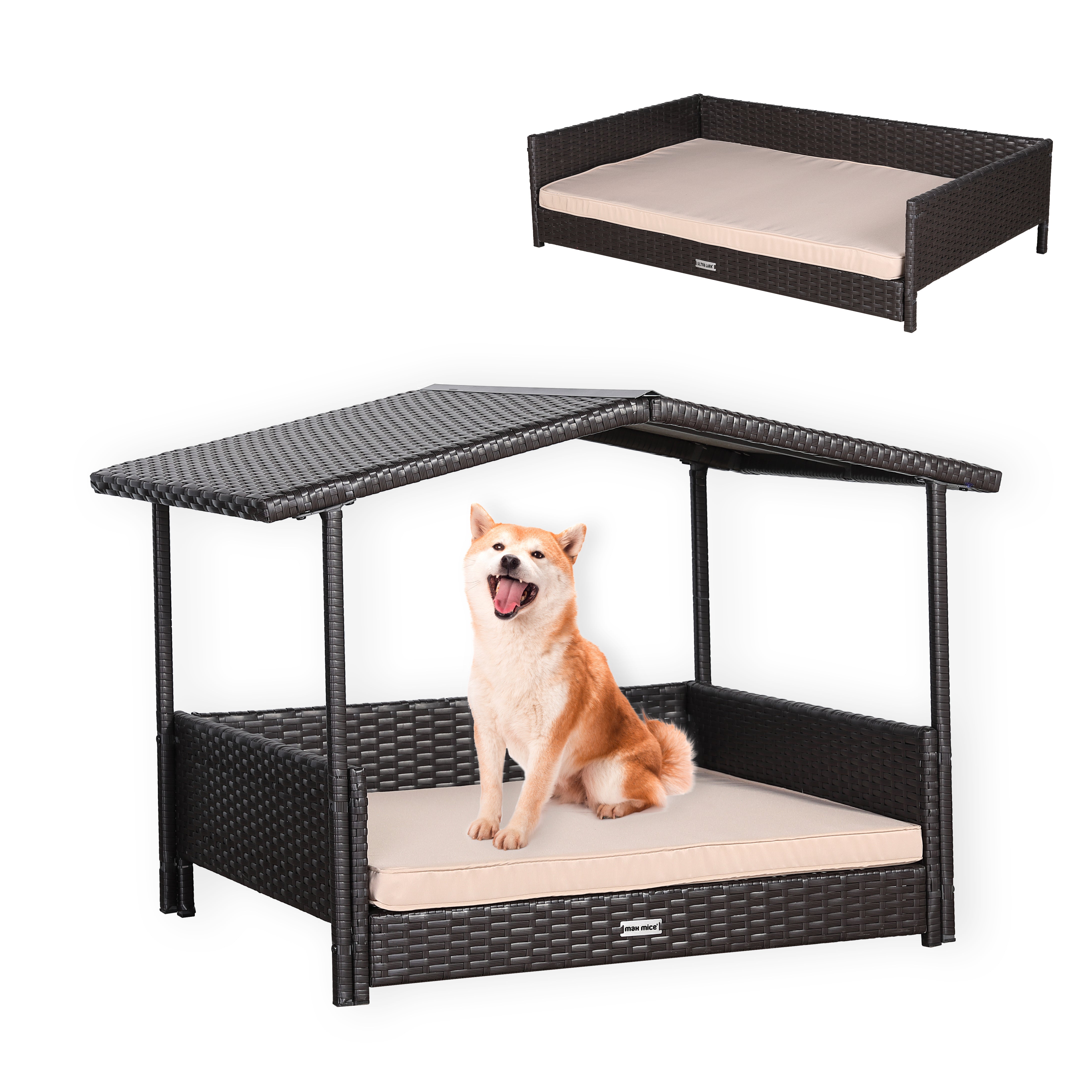 Nest Range - Wicker Raised Dog House | Rattan Dog Bed for Indoor/Outdoor with Removable Roof & Cushion (Brown) - Available in S, M, L