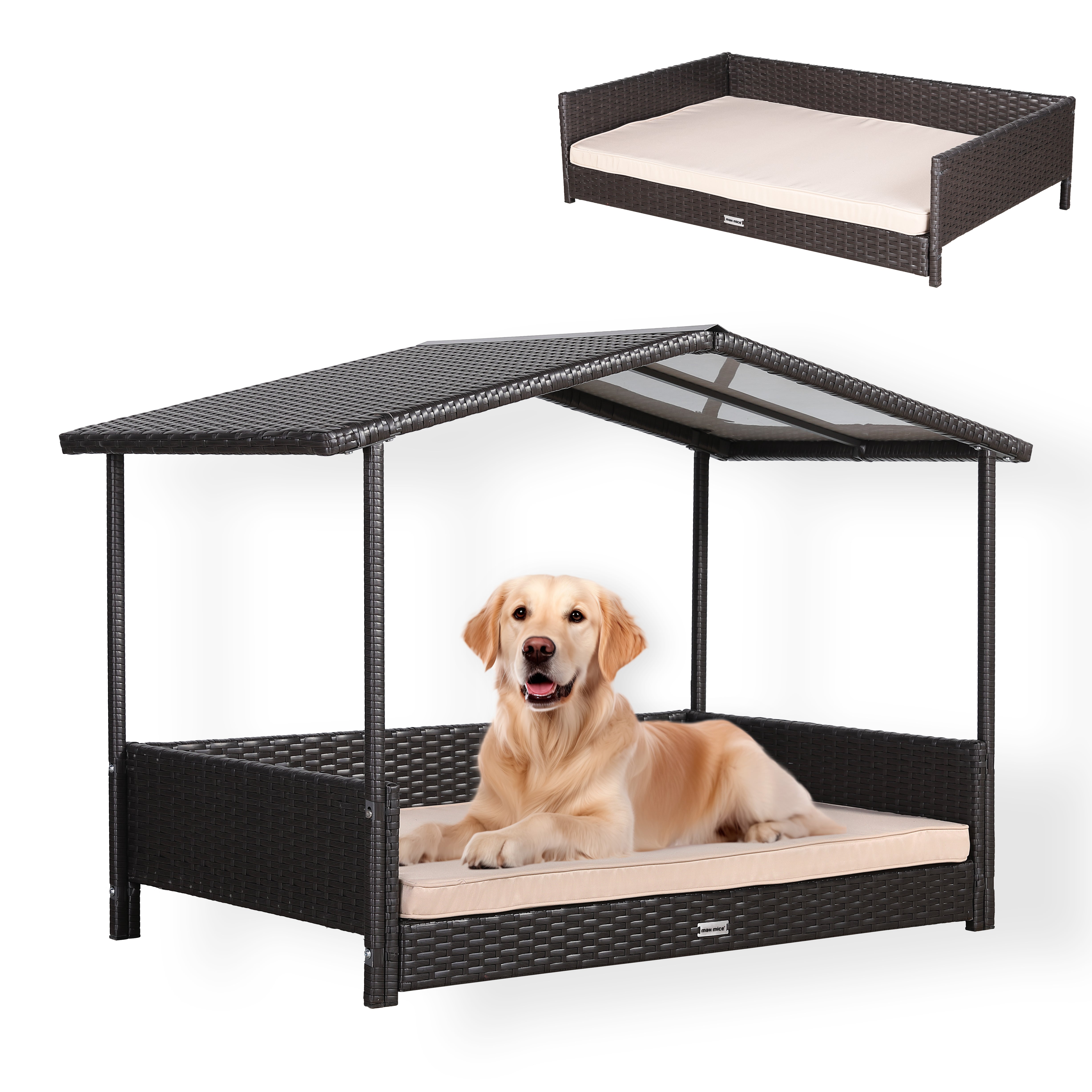 Nest Range - Wicker Raised Dog House | Rattan Dog Bed for Indoor/Outdoor with Removable Roof & Cushion (Brown) - Available in S, M, L